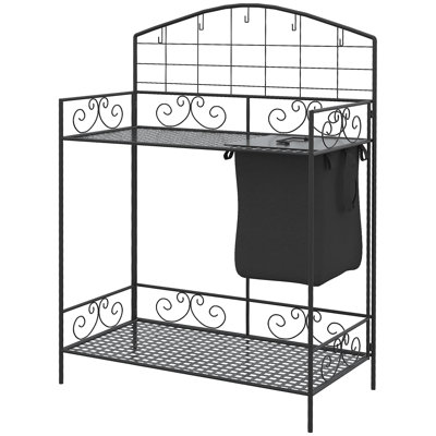Outsunny Folding Potting Bench Table, Metal Garden Workstation, Work Bench With Large Build-In Bag With Cover, 5 Hanging Hooks & Storage Shelf, Flourishes