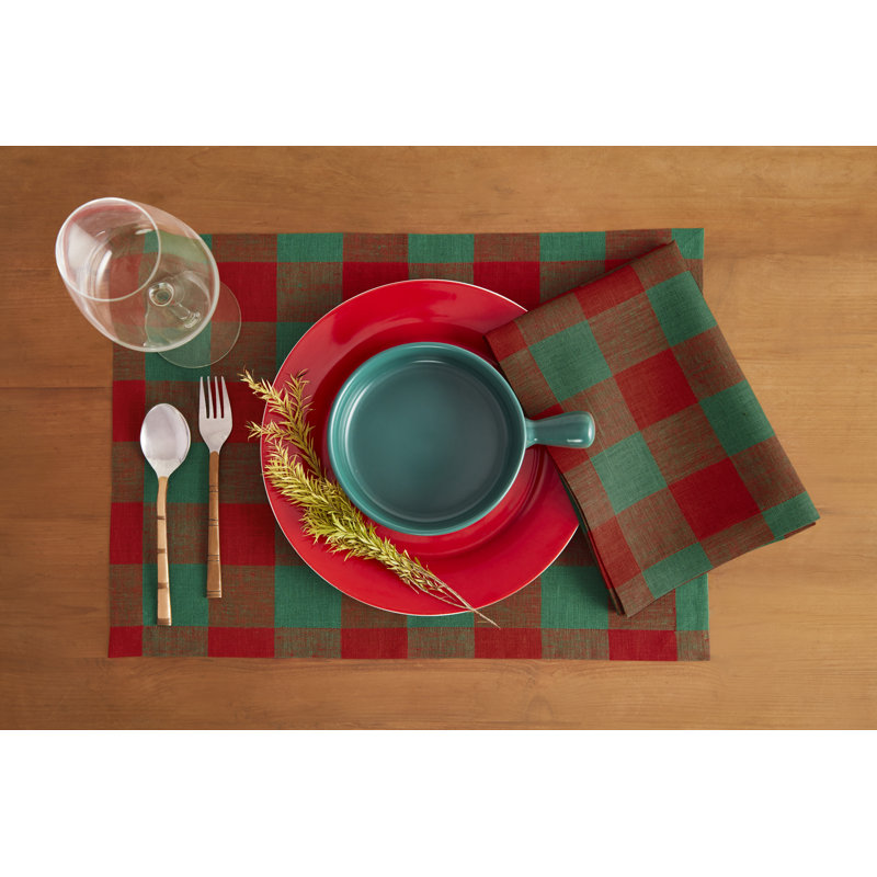 Buffalo Check - 100% Pure Linen Dinner Napkins, Red/Green
