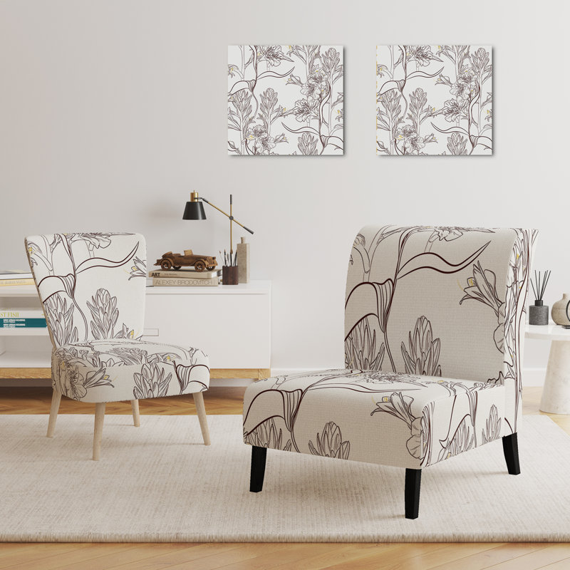 Accent Chair, Beige Floral Pattern Upholstered Decor - Beige Floral Pattern II, White/Brown