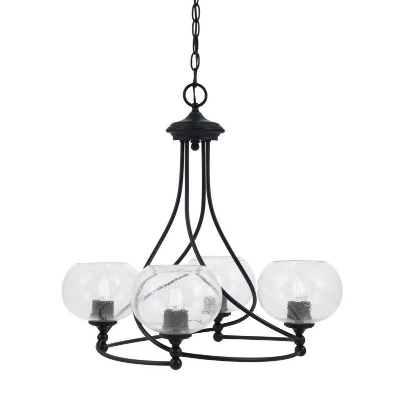 Lustre 4 lumières Sadea illustré avec verre de 7 po, Grainé transparent, Noir mat