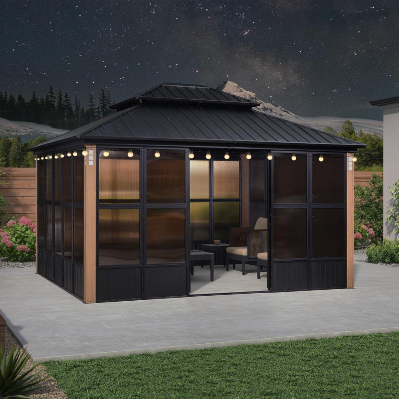 Purple Leaf Patio Hardtop Gazebo Double Top Outdoor Screen House Aluminum Solarium Backyard Sun Room With Detachable Windows with 48 FT String Light