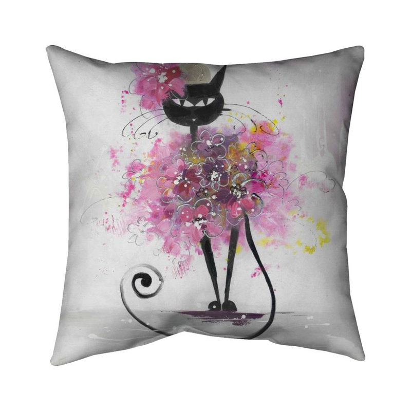 Cartoon cat with pink flowers - 26"x26" Throw pillow - Poly twill - Print on demand
