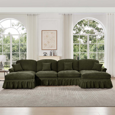 Élégant canapé modulaire à accoudoirs évasés de style Mid-Century à 4 places avec volants amovibles, jupes plissées et 2 repose-pieds pour le salon