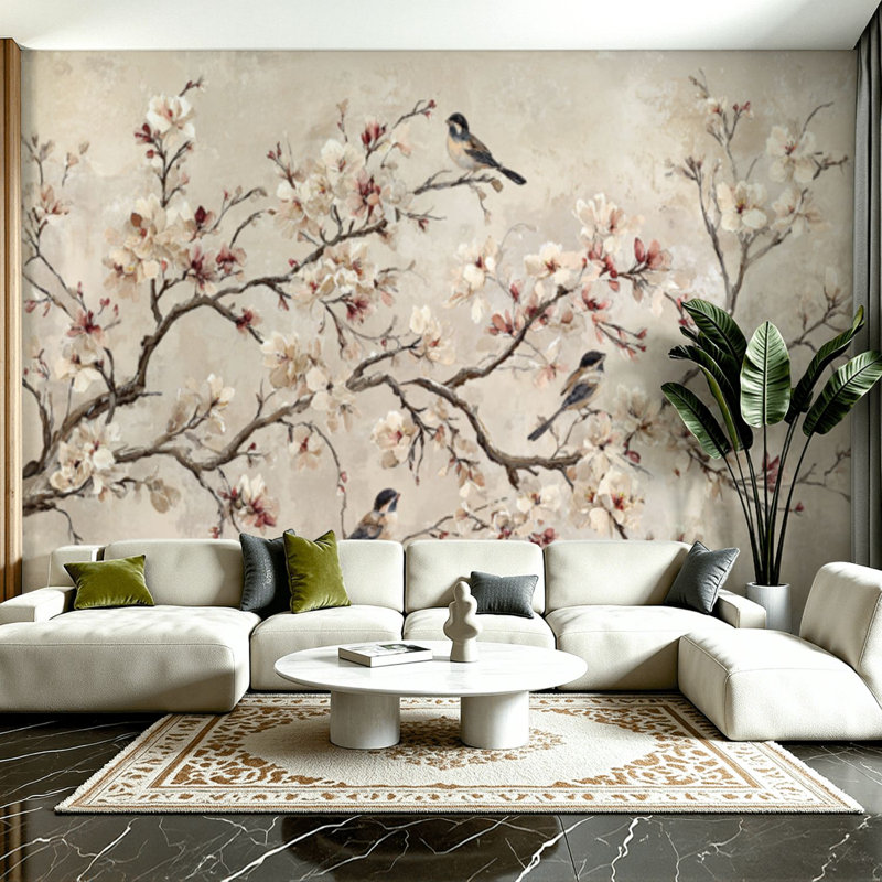 Adhésif mural pelez et collez L 100 po x l 144 po pour chambre à coucher - avec art mural cerisier en fleurs, impression rétro