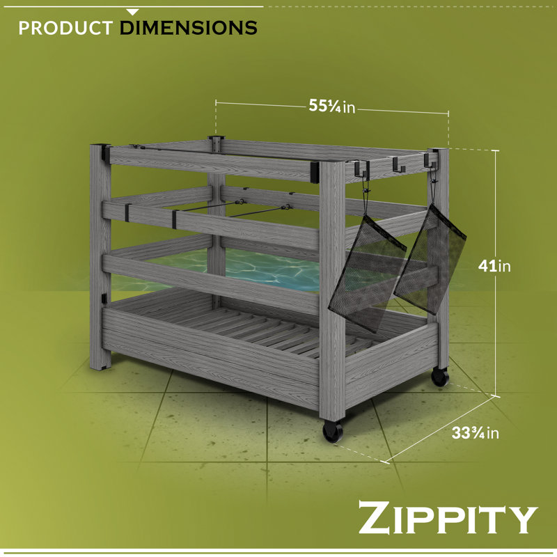 H 3,4 pi x l 4,6 pi x L 2,8 pi avec support de rangement et flotteur de piscine WoodTek, rangement à roulettes pour jouets, flotteurs et accessoires - Support et organisateur de terrasse de piscine durable avec séparateurs