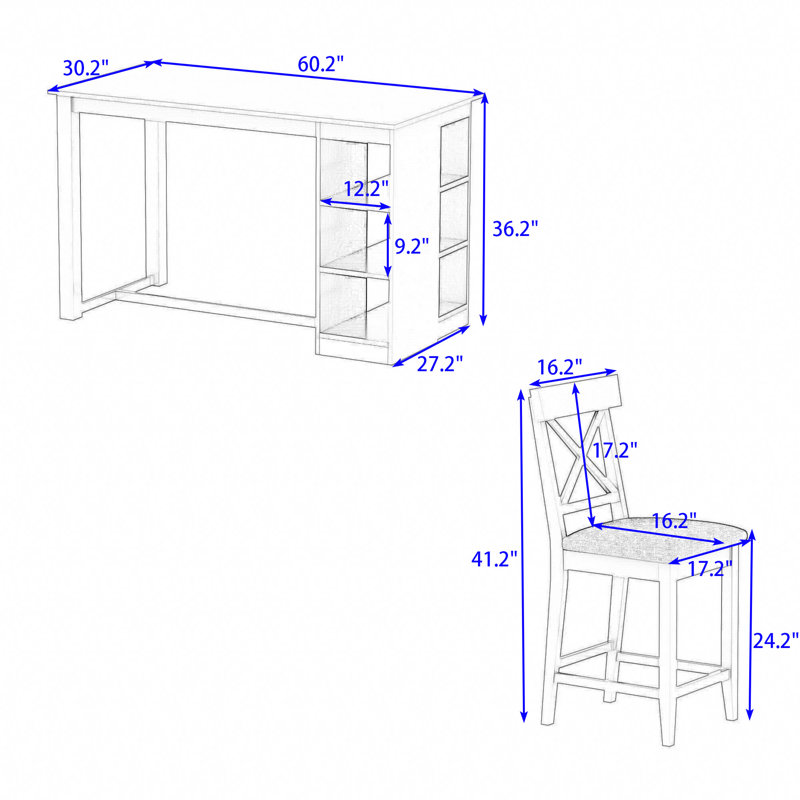 5Pcs Dining Set with Counter Height Table, 4 Upholstered Chairs and Built-In Storage Shelves, Grey