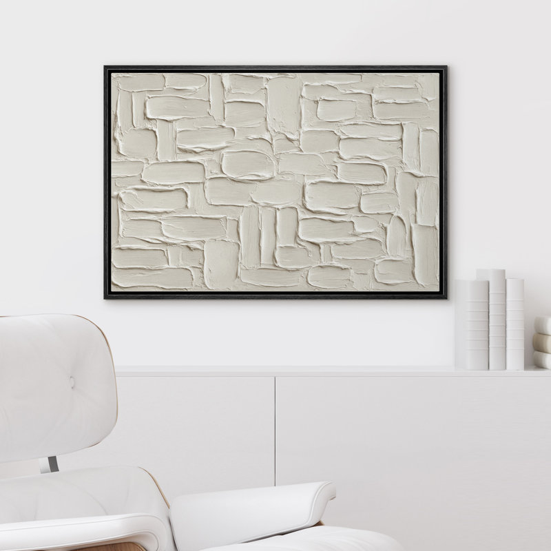 White Stone Block Pattern Wall Design Framed Canvas Master Bedroom Wall Art Work Print, 24" H x 36" W, Black