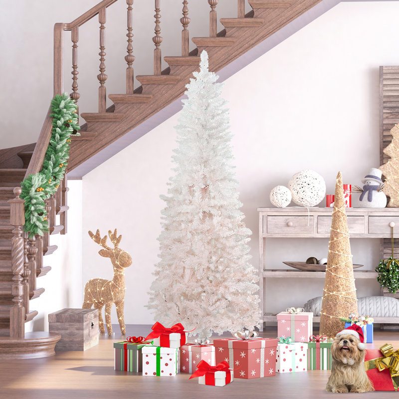 Sapin de Noël artificiel de 6 pi avec lumières réalistes et base en acier, rose et blanc, H 6 pi