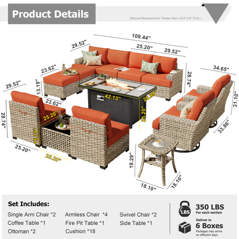 14- Person Rattan Outdoor Seating Group With Swivel Rockers and Fire Pit Table, Orange Red