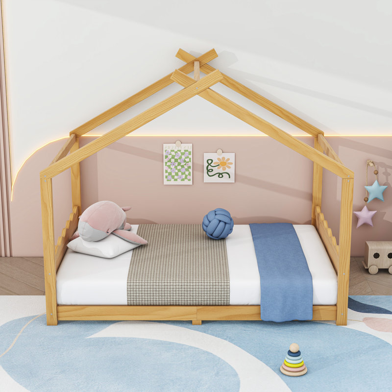 Wood House Floor Bed With Slats, Natural, Full