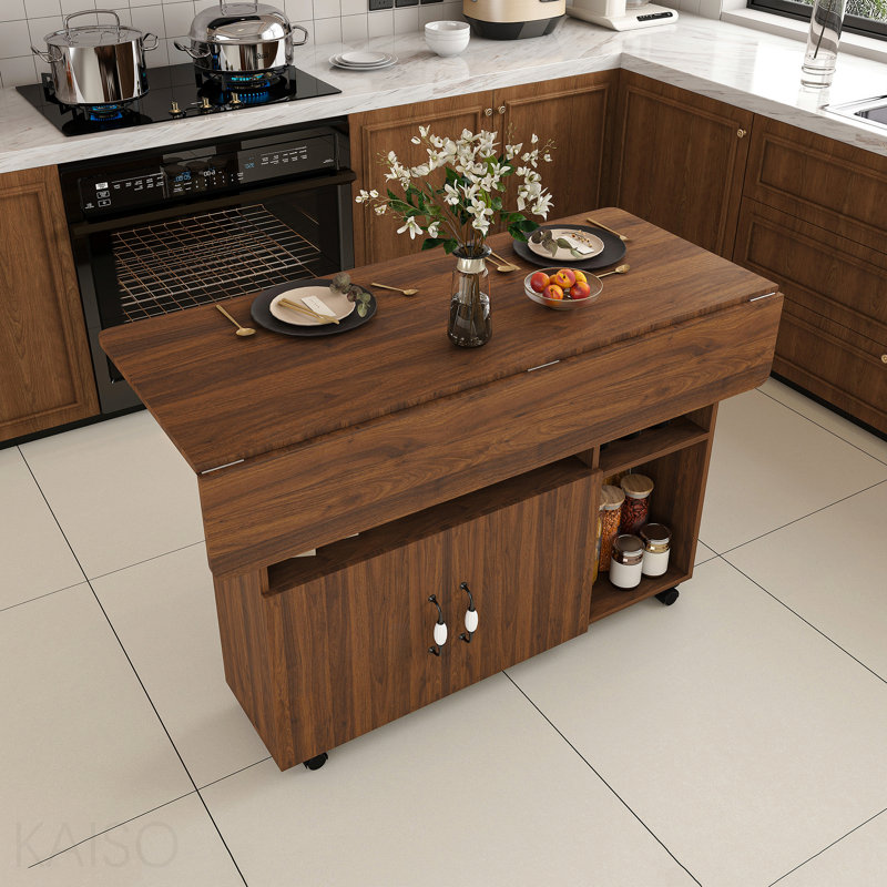 Table pliante multifonctionnelle avec tablettes et roulettes de rangement, table de salle à manger pliable de 47 pouces pour les petits espaces, bureau compact pour la cuisine, dortoir, bureau (noyer)