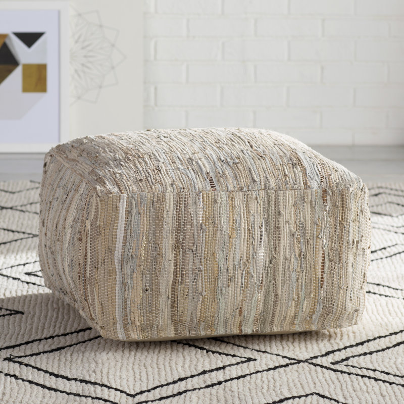 Carden Leather Pouf, Cream Genuine Leather