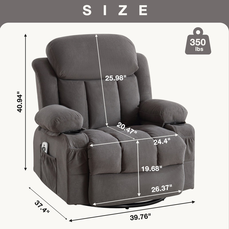 Swinging recliner massage heated sofa, with USB and 2 cup holders in side pockets (GREY ), Gray