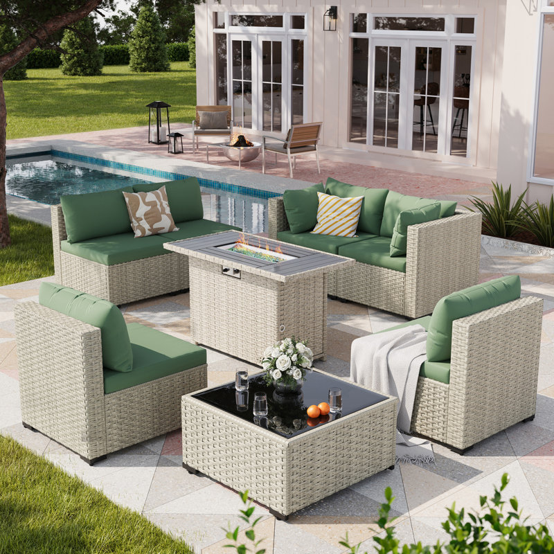 7 Pieces Design-Oriented Rattan Patio Conversation Sets With Fire Pit, Green