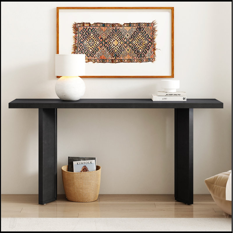 Élégante console avec placage en pin et pieds géométriques, idéale pour le salon, le bureau et la salle à manger, Noir