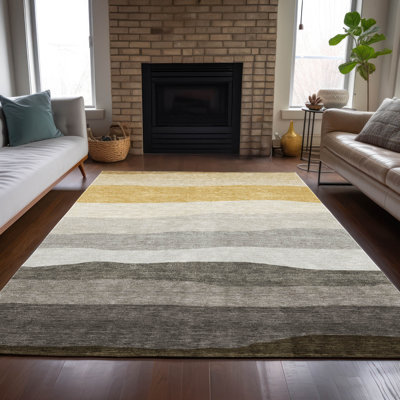 Machine Washable Indoor/Outdoor Xhevrie Pewter Rug