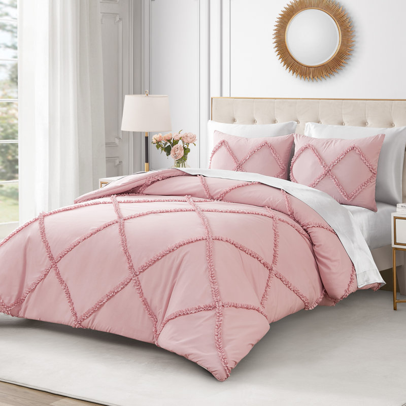 Diamond Ruffle Reversible Microfiber Comforter Set, King Comforter + 2 Standard Shams, Blush Pink