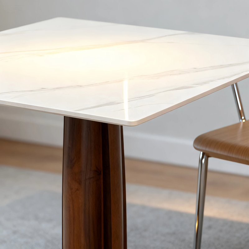 Petite table de salle à manger moderne 33,5 "avec base en bois d'hévéa massif Boomerang, plateau en pierre frittée, carrés, appartement, coin cuisine et table basse pour 2 à 4 personnes 