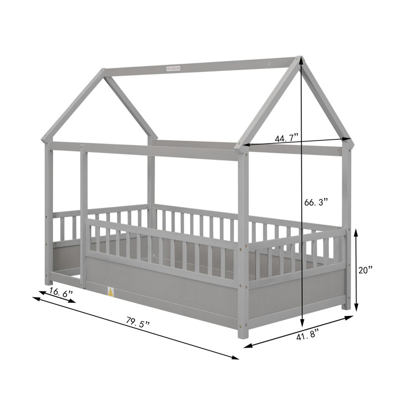 Twin Size Floor Wooden Bed with House Roof Frame, Fence Guardrails,Grey, Gray, Twin