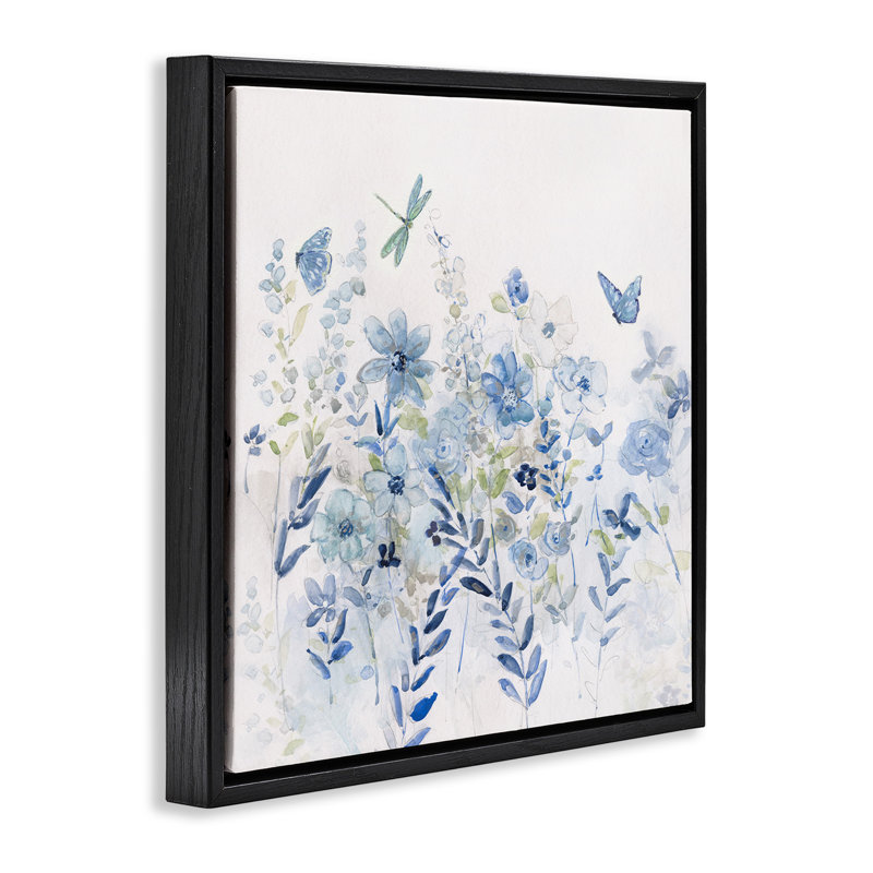 Délicat jardin floral bleu, H 18 po x l 18 po, Cadre flottant noir de jais