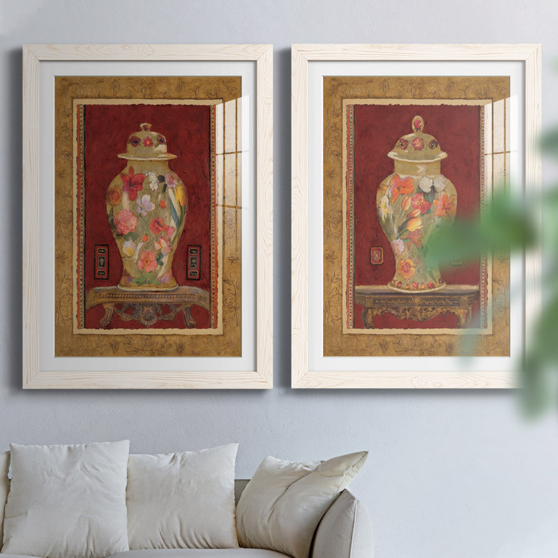 Romantic Urn I - ensemble de 2 peintures encadrées, H 31,5 po x l 47 po x P 1,5 po, Cadre blanc
