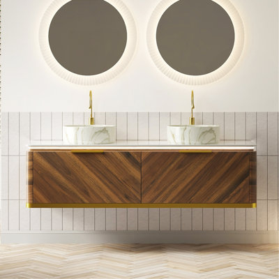 Meuble-lavabo 60 po, meuble-lavabo flottant en contreplaqué 60 po, 2 tiroirs avec capteur de lumière, 2 vasques en céramique à motif de pierre et plateau en pierre frittée, pré-assemblé, couleur grain de bois noyer foncé