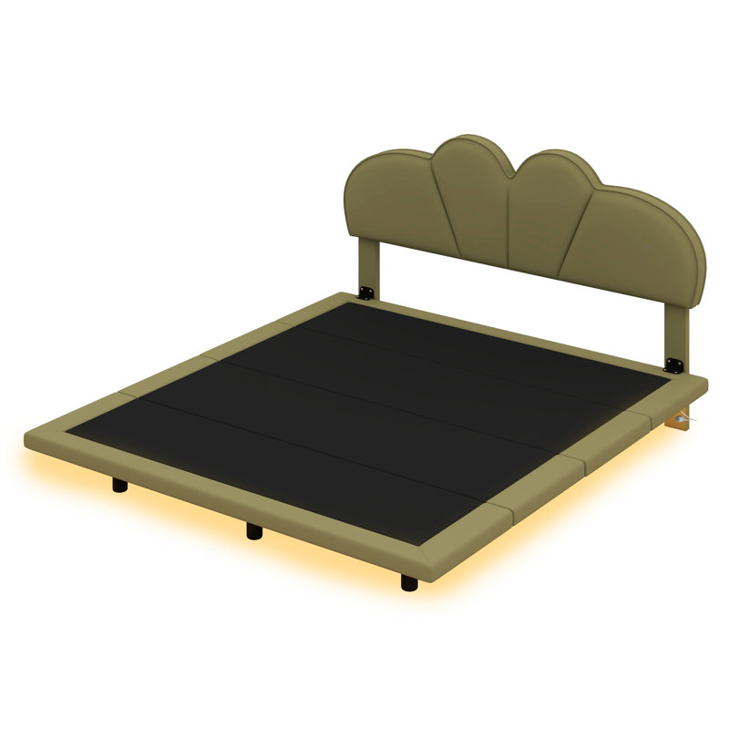 Lit flottant Kerionna avec tête de lit et pieds en cuir, Double, Vert