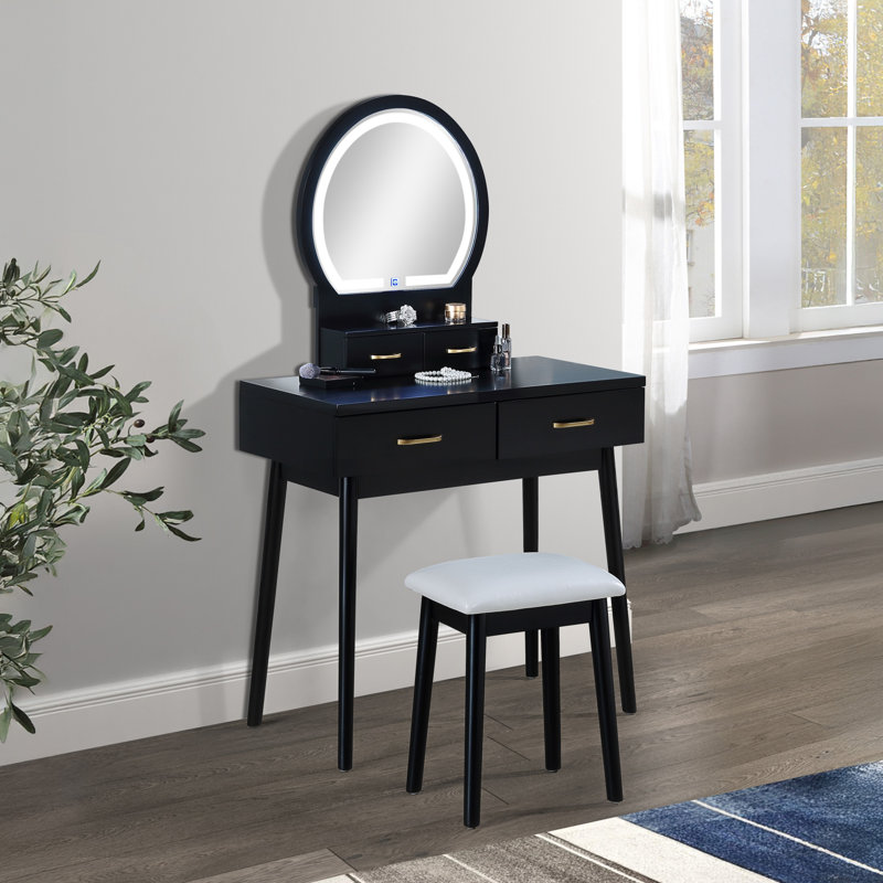 Ensemble de coiffeuse 3 pièces avec miroir à DEL et tabouret rembourré Modern Luxury, Black