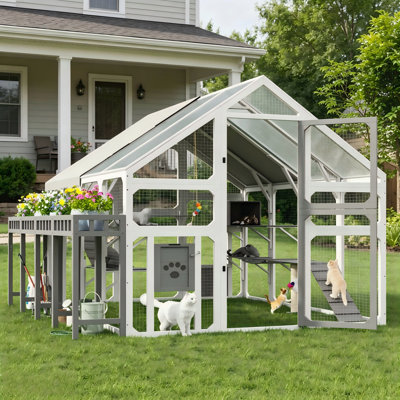 Grande cage d'extérieur grise avec support à fleurs, enclos à chat en bois avec couvercle imperméable, boîtes de repos et pont