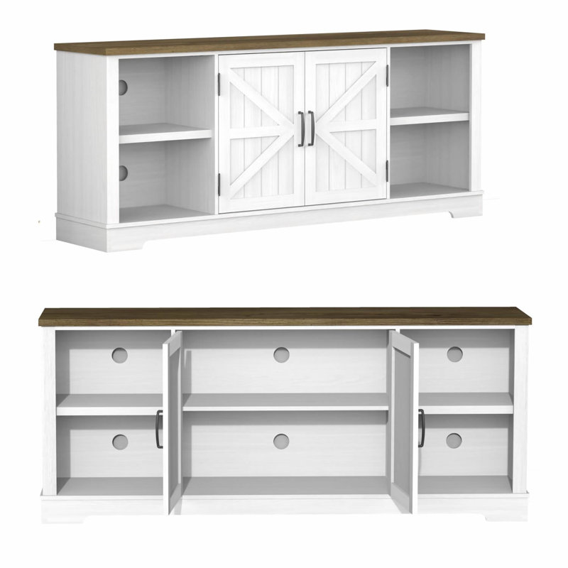 Farmhouse TV Stand for TVs Up To 80" With Open Storage Shelves And Adjustable Shelves, Entertainment Center TV Console, White