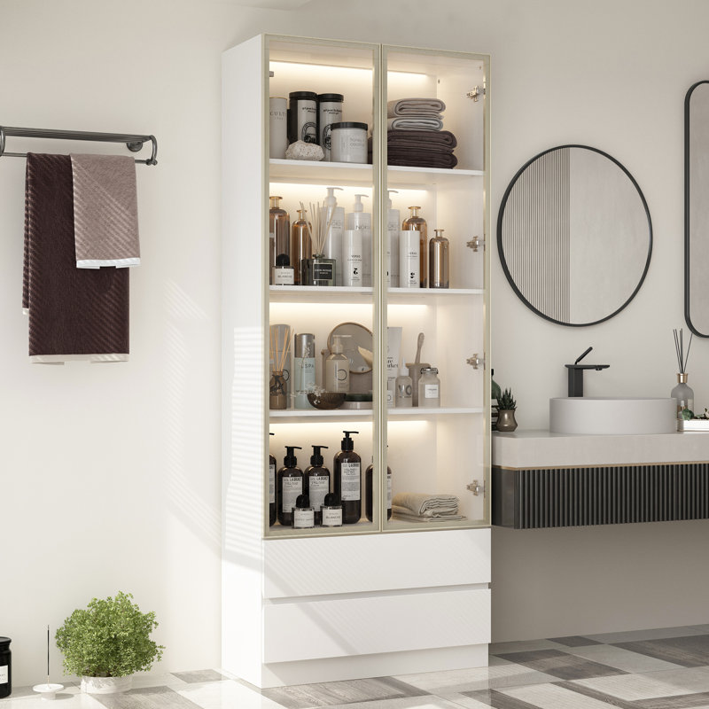 Four Shelves Two Drawers Bathroom Linen Cabinet With Light And Tempered Glass Doors, Silver