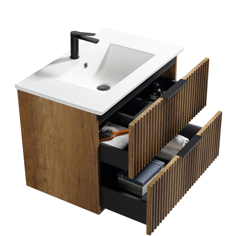Meuble-lavabo mural 30 po avec panneau cannelé 3D et lavabo intégré en céramique