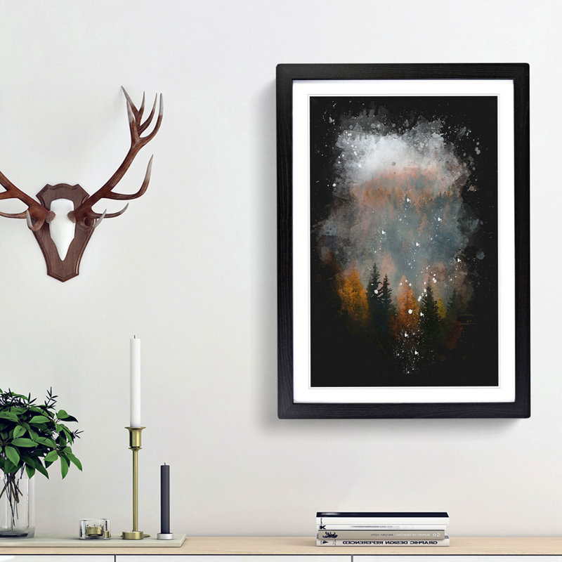 Misty Forest In The Autumn Paint Splash - Picture Frame Graphic Art, 87cm H x 62cm W x 2cm D, Black Framed