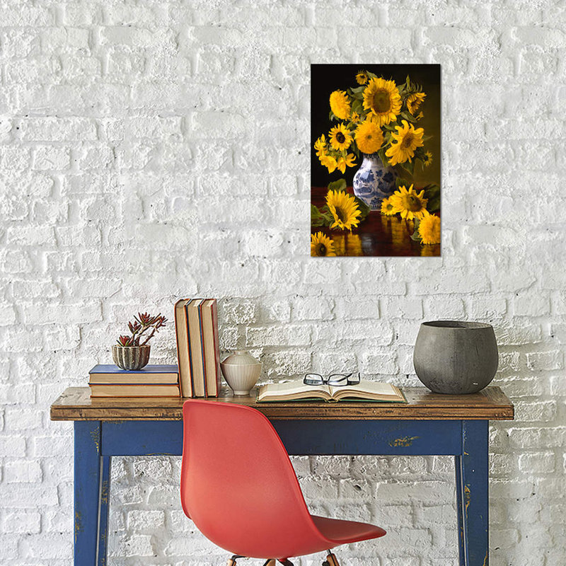 Sunflowers In Blue And White Chinese Vase by Christopher Pierce - Painting on Canvas, 30.48 cm H x 45.72 cm W, Wrapped Canvas
