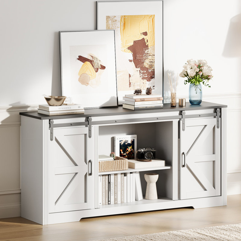 Farmhouse TV Stand for 70 Inch TVs, 66" Entertainment Center with Sliding Barn Doors, Adjustable Center Shelf, White