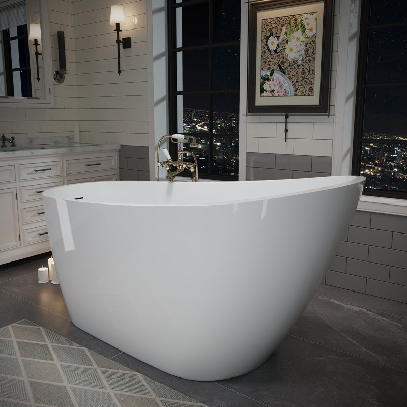 Baignoire autoportante en acrylique de 55 pouces, baignoire autoportante profonde avec drain escamotable et trop-plein intégré, blanc brillant, certifié cUPC