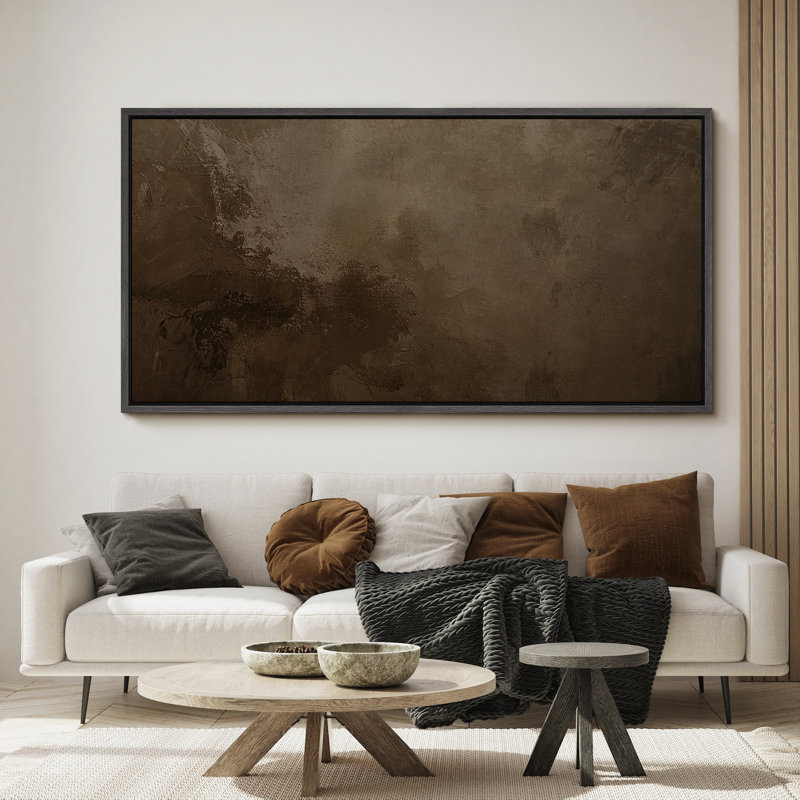Dark Earth Abstract Texture Framed Canvas - Modern Minimal Wall Art in Brown Tones, Black, 30" H x 60" W