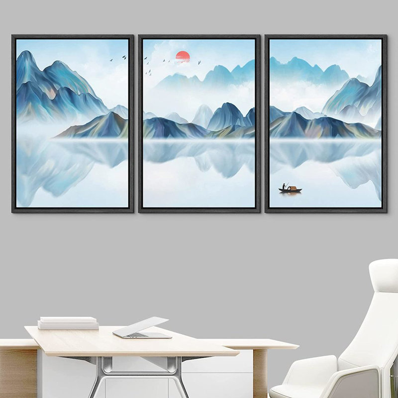 «Abstract Landscape Mountain Reflection», peinture sur toile flottante 3 pièces, Cadre noir, H 24 po x l 48 po