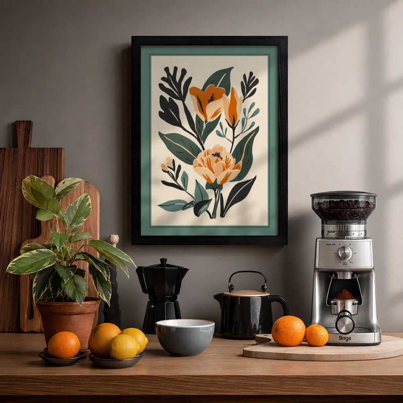 Orange Blooms And Foliage Botanical - Print, Black, A4 - 29.7 x 21.0 cm