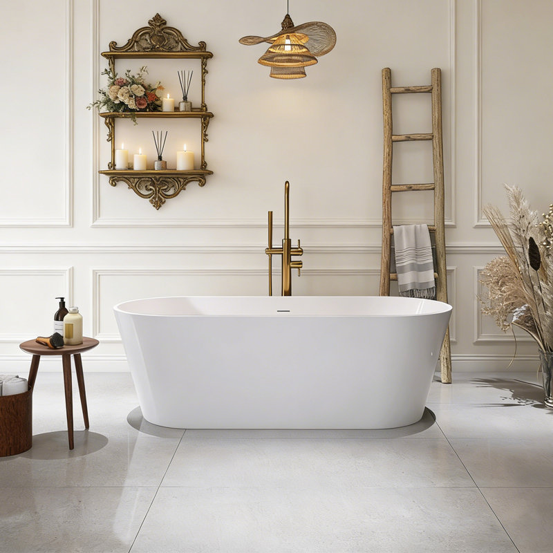 Baignoire de trempage autoportante en acrylique brillant blanc 66,9 "x 28,7" avec bonde