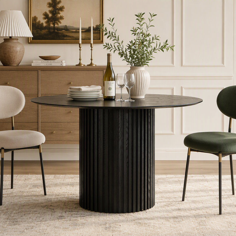 Table de salle à manger ronde de style moderne du milieu du siècle, de 118 cm (46,45 pouces), en MDF imitation bois massif avec plateau à lattes en forme de tambour, idéale pour la salle à manger, le salon et le bureau.