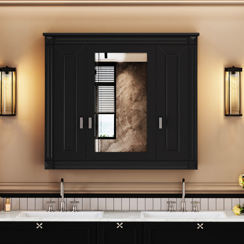 Armoire de salle de bain murale à miroir avec 5 tablettes, 3 portes, style minimaliste moderne, facile à assembler, quincaillerie de haute qualité pour la salle de bain, conception, imperméable et résistante