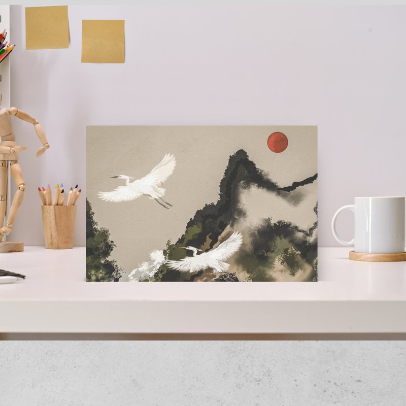 «Red Sun Egret Flight», art minimaliste, paysage serein, oiseau, 12" H x 18" W