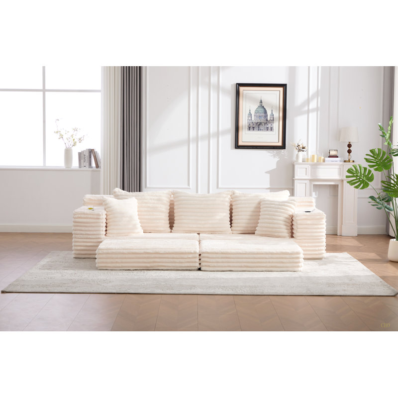 Très grand canapé sans siège à quatre places avec porte-gobelet et poches latérales, canapé-lit rembourré en velours côtelé avec 3 coussins, 2 coussins lombaires. Salon, chambre à coucher, sans assemblage, matériau respirant