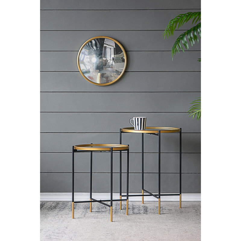 Ensemble de 2 tables d'appoint gigognes avec plateau en verre, Noir et or