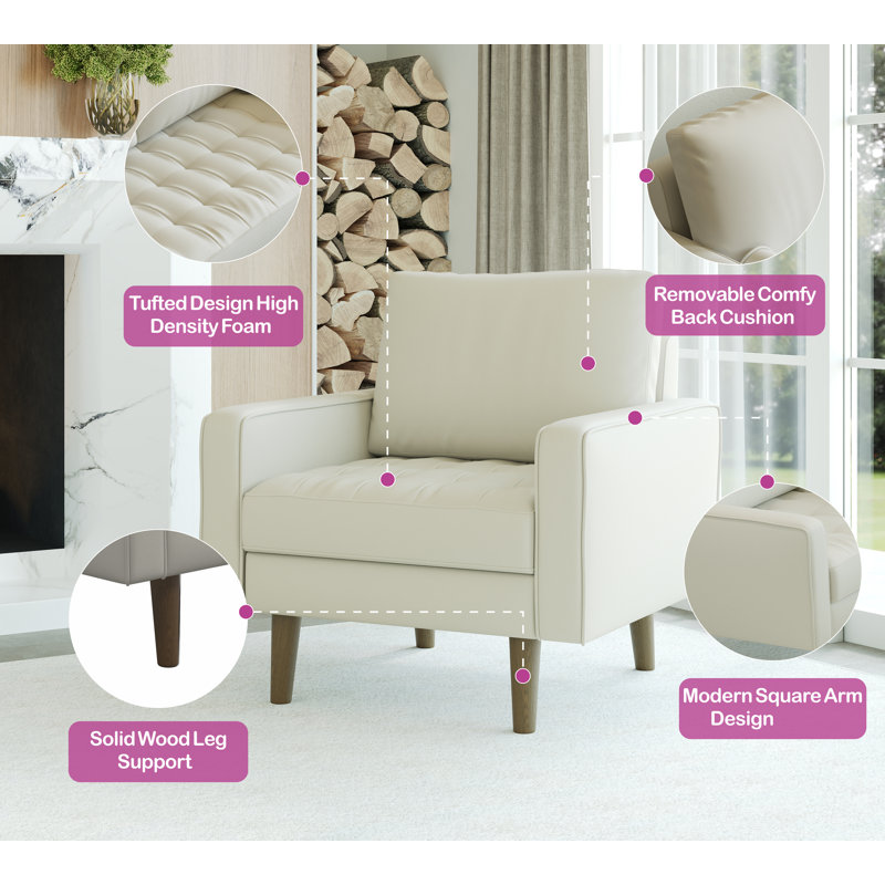 Statura 32" Mid-Century Square Arm Accent Chair, Sofa Chair, White, White