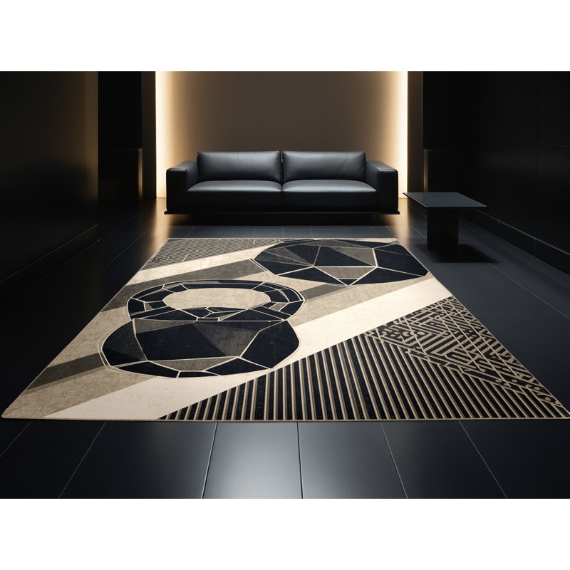 Machine Washable Rayan Kettlebell Workout Modern & Contemporary Geometric Rug in Gray – Beige Binding, 2x3