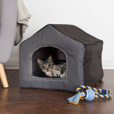 Indoor Cat House - Enclosed Cat Bed with Plush Sherpa Interior, Removable Cushioned Pad, and Canvas Fabric Exterior - Pet Bed for Small Kittens or Dogs up to 35lbs by PETMAKER (Grey)