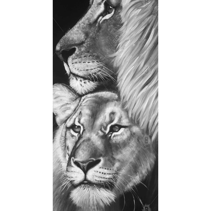 Lion et lionne, toile de chambre noire | Décoration intérieure