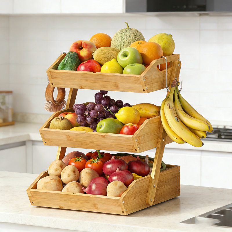 Panier de fruits à 3 niveaux 100% bambou avec crochets à banane, rangement mural pour articles de cuisine peu encombrant